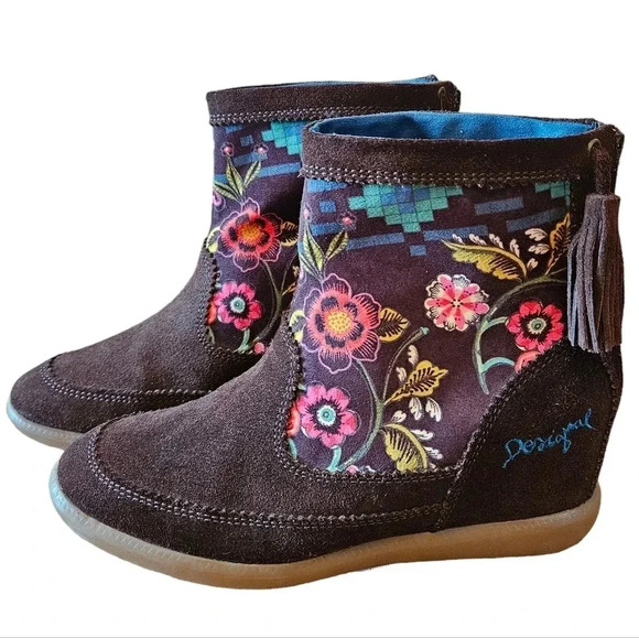 Desigual Carlas Suede Leather Bohemian Floral Hippie Ankle Brown Boots Size 37. - Picture 2 of 13